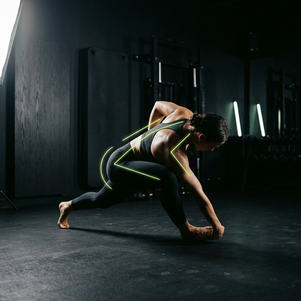 Athlete in deep mobility stretch with biomechanical overlays