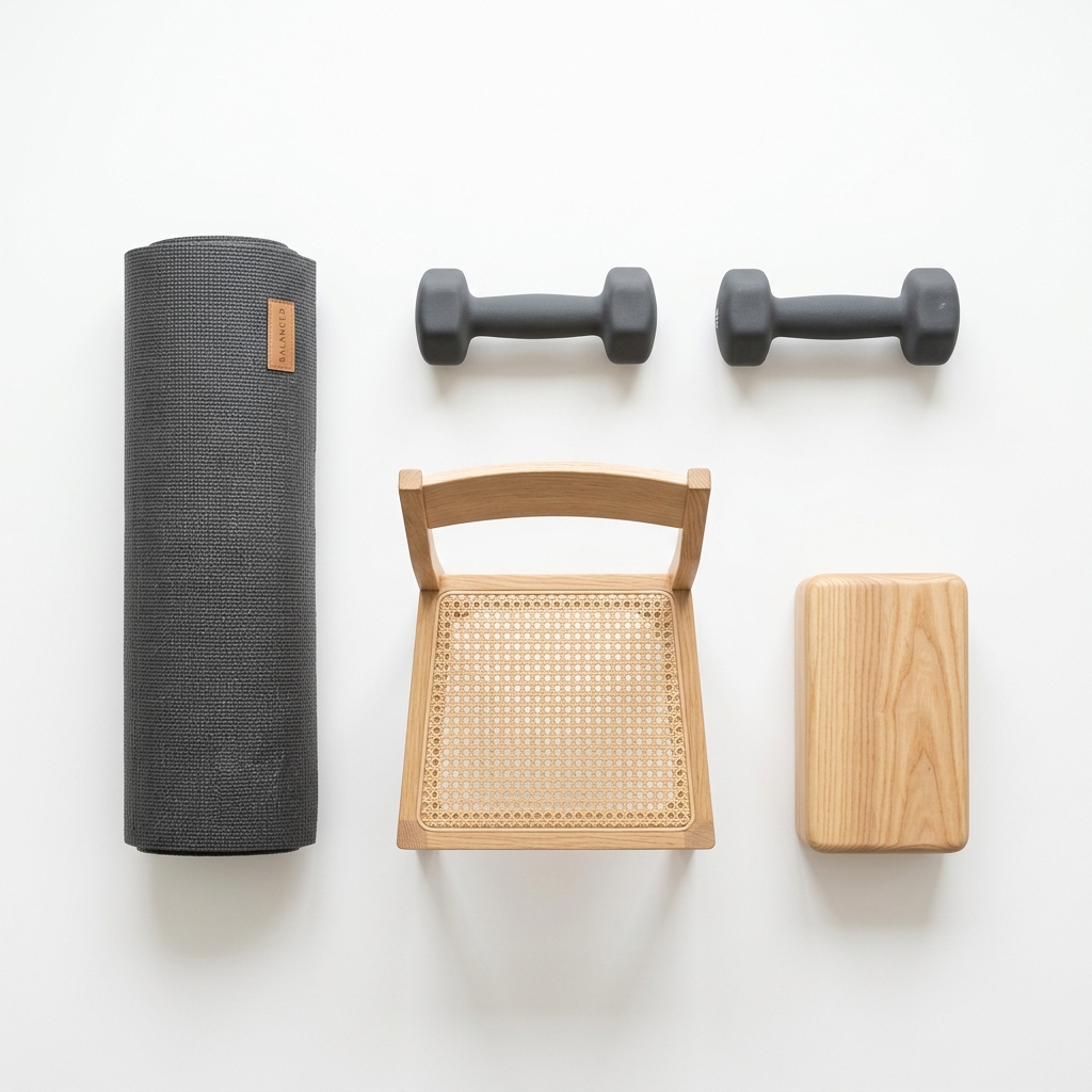 Flat-lay overhead of a mat, two dumbbells, a wooden chair, and a step — everything you need.