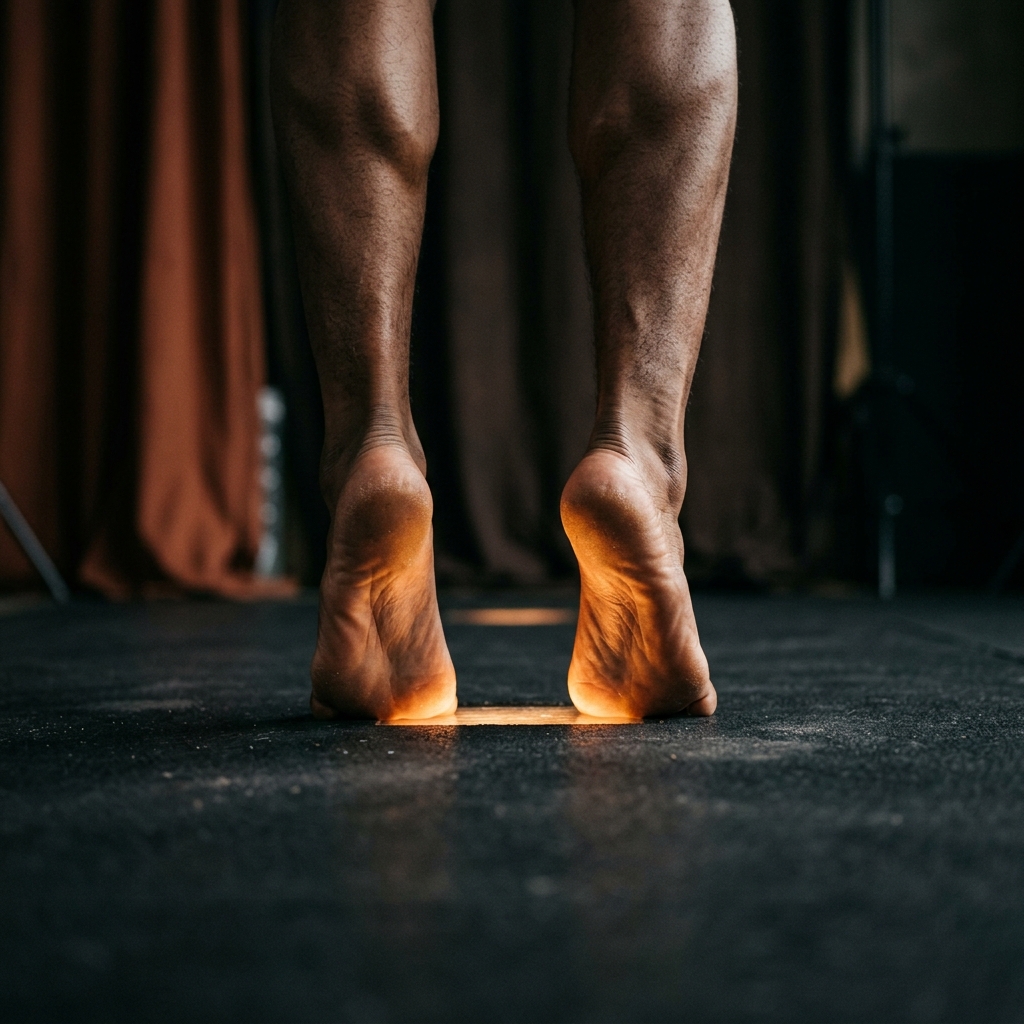 Athlete's feet grounded on a dark floor, embodying controlled, deliberate movement.